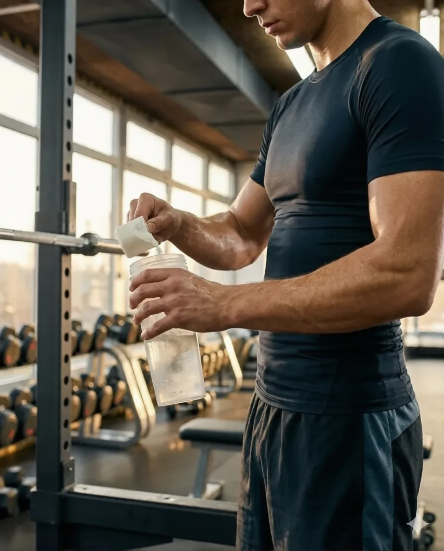 Athlete mixing whey protein shake post-workout for muscle recovery and sports nutrition