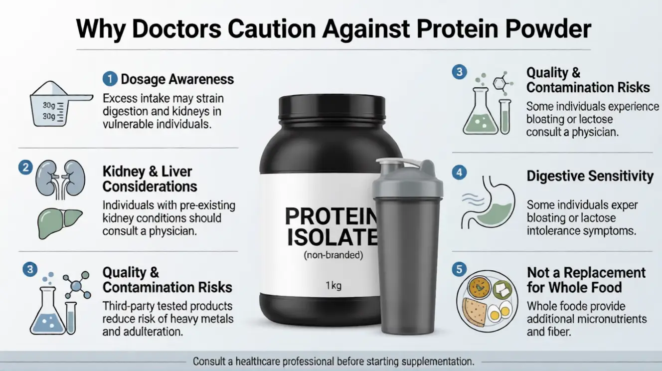 Doctor explaining protein powder risks and supplement safety concerns to a patient in a medical consultation. Medical professionals have concrete, evidence-based reasons for their caution around protein supplementation.