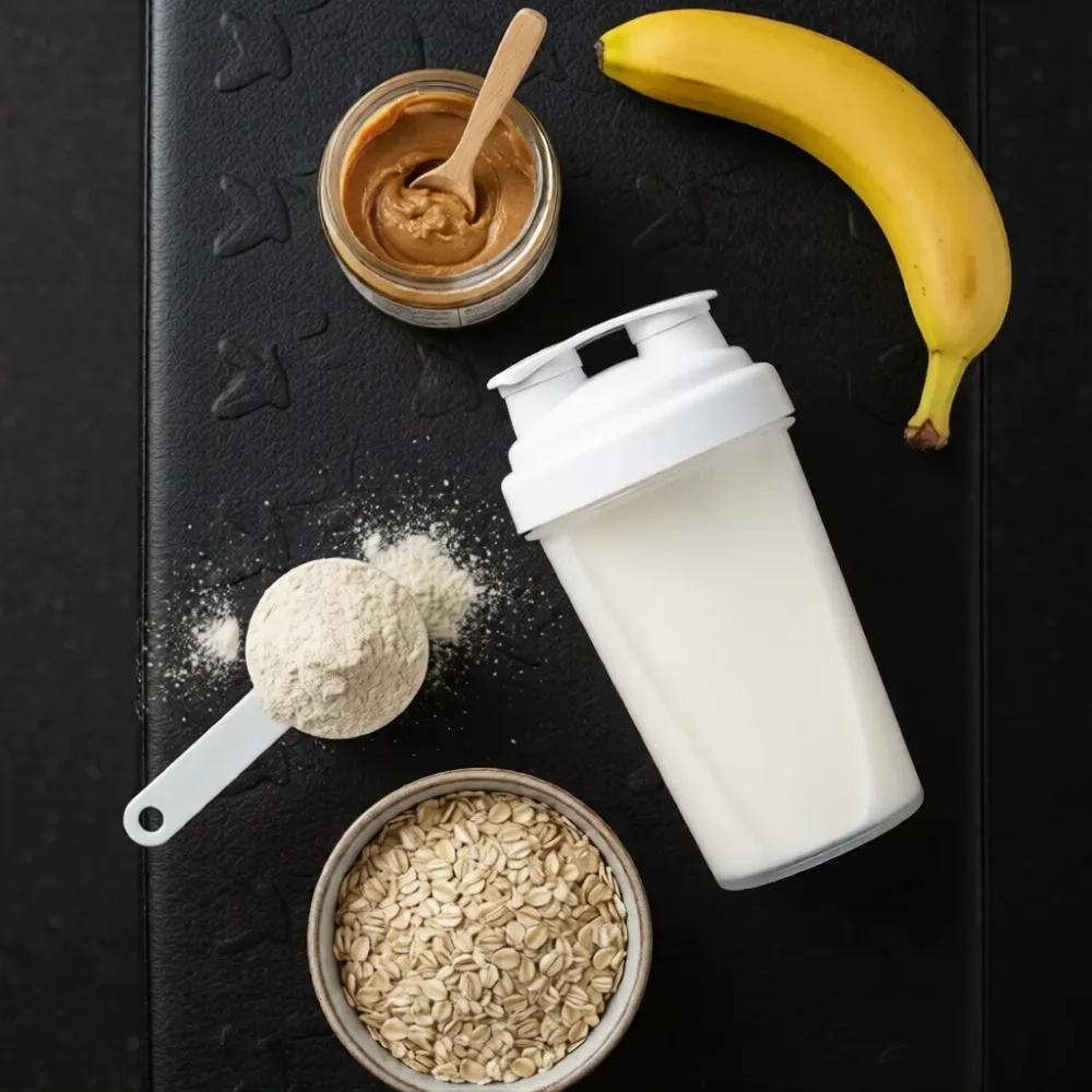 Whey protein meal replacement ingredients including shaker bottle oats and nut butter for athletes