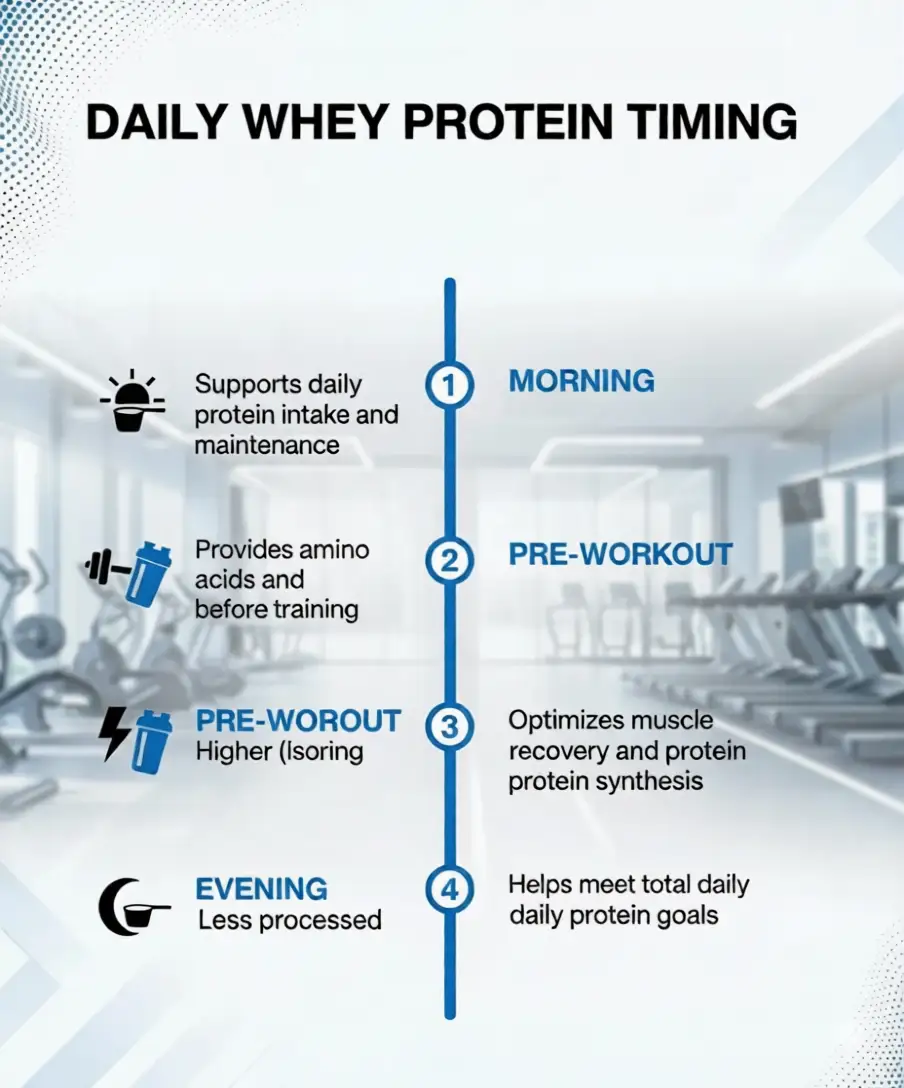 Athlete whey protein dosage timing schedule showing pre-workout post-workout and evening supplementation windows