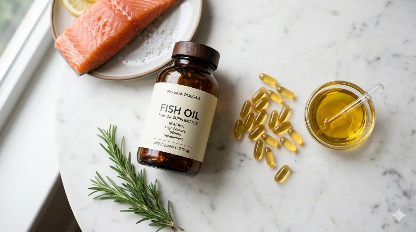 Fish oil capsules and salmon fillet on a ,marble surface omega-3 dosage guide for inflammation