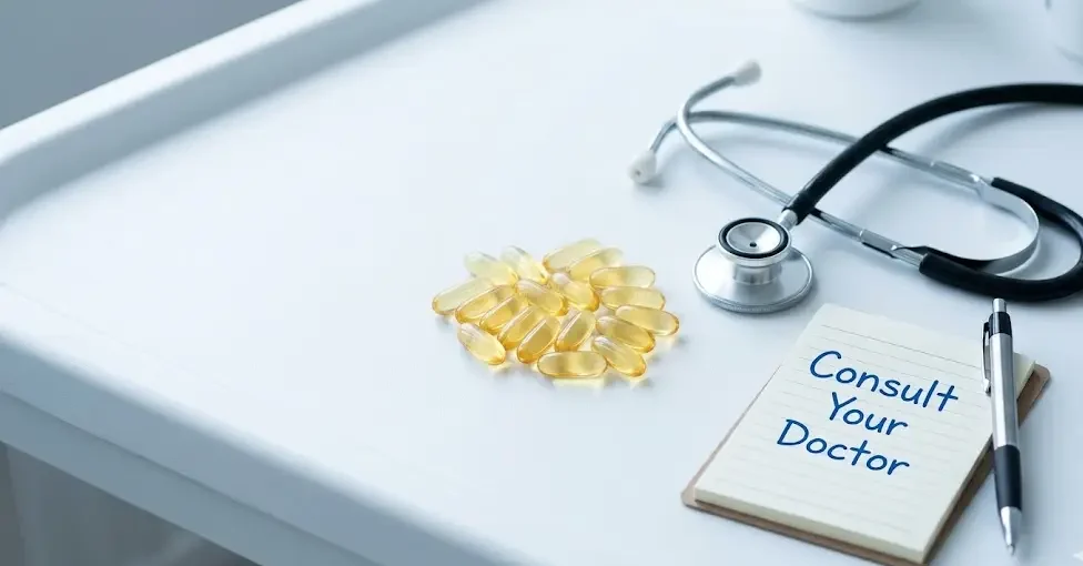  Fish oil capsules with stethoscope and medical notepad: safety considerations for omega-3 supplementation and drug interactions 