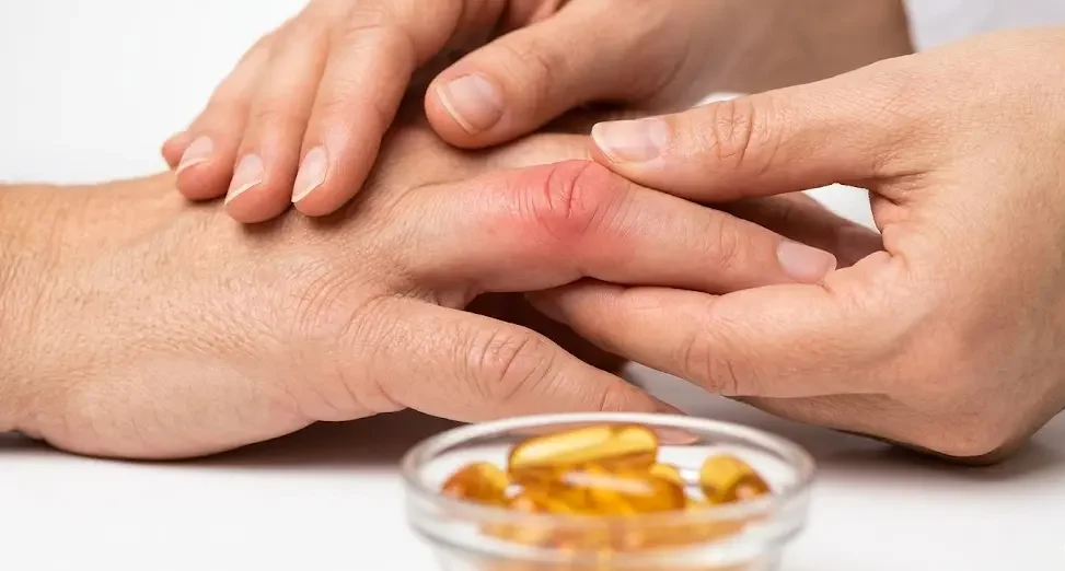 A person holding an inflamed joint beside fish oil capsules, illustrating fish oil dosage for joint pain and arthritis relief 