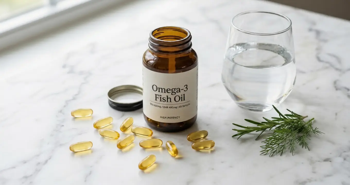 Best fish oil supplements for beginners displayed on a clean white surface with omega-3 capsules and a glass of water