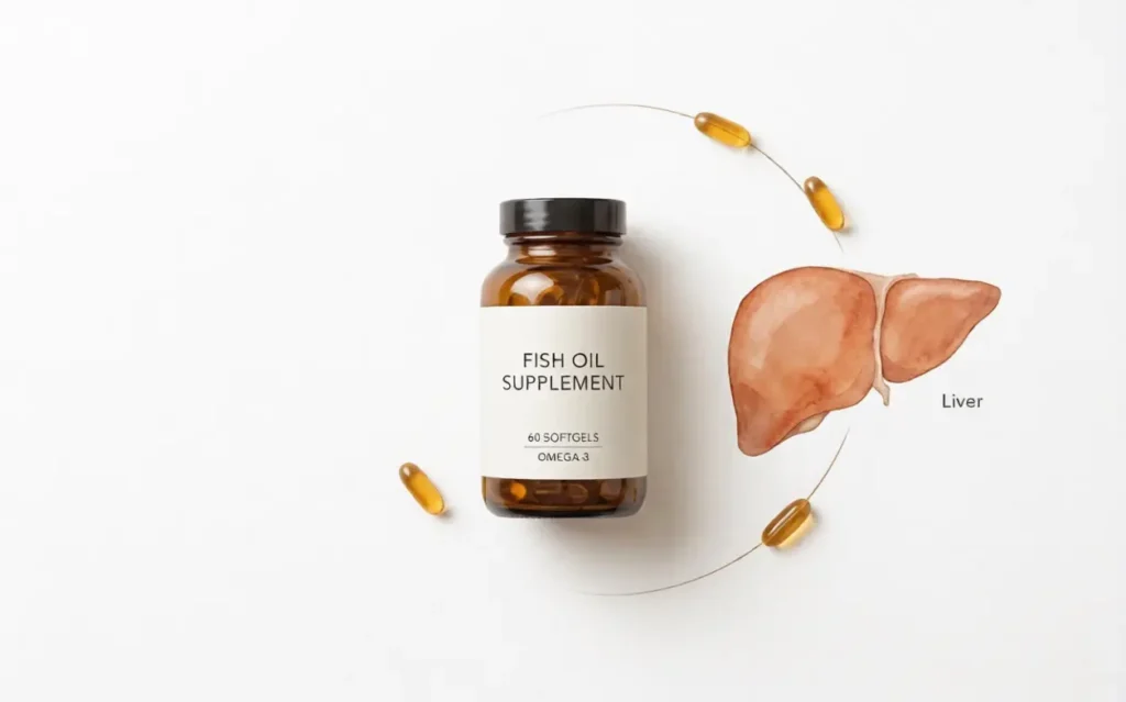Fish oil supplement bottle next to a liver anatomy diagram representing omega-3 benefits for fatty liver disease