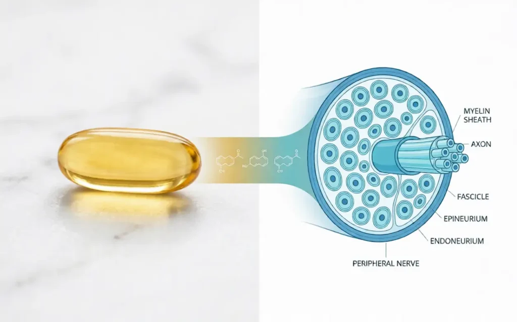 Illustration showing omega-3 fish oil supporting nerve health and neuropathy relief with anatomical nerve diagram