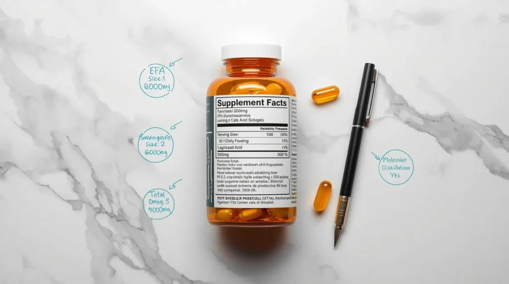 Beginner's guide to reading a fish oil supplement facts label highlighting EPA, DHA, and molecular distillation markers