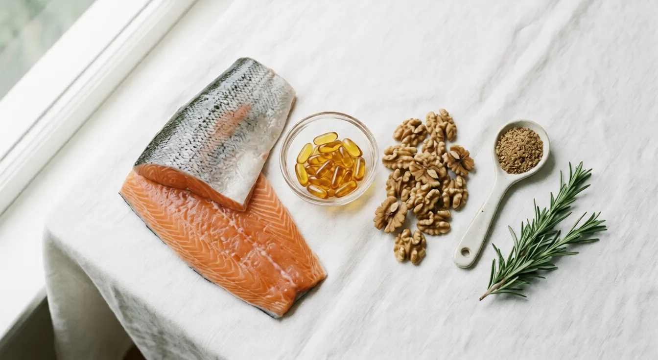 A flat lay arrangement of omega-3 rich foods, including wild salmon, fish oil capsules, walnuts, and flaxseeds, on a white surface representing natural dietary sources of EPA, DHA, and ALA fatty acids.
