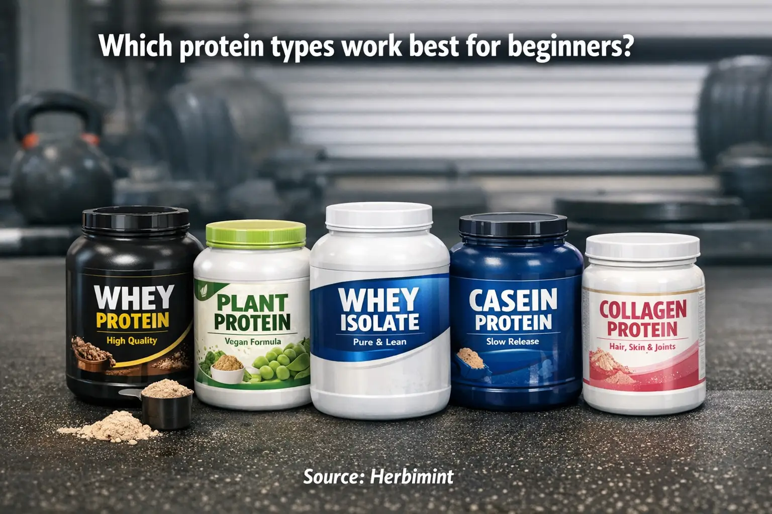 Which protein types work best for beginners - variety of protein powder tubs on a gym surface